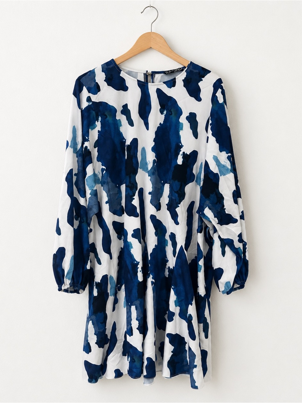White Dress with Navy Watercolor Print — Long Sleeve